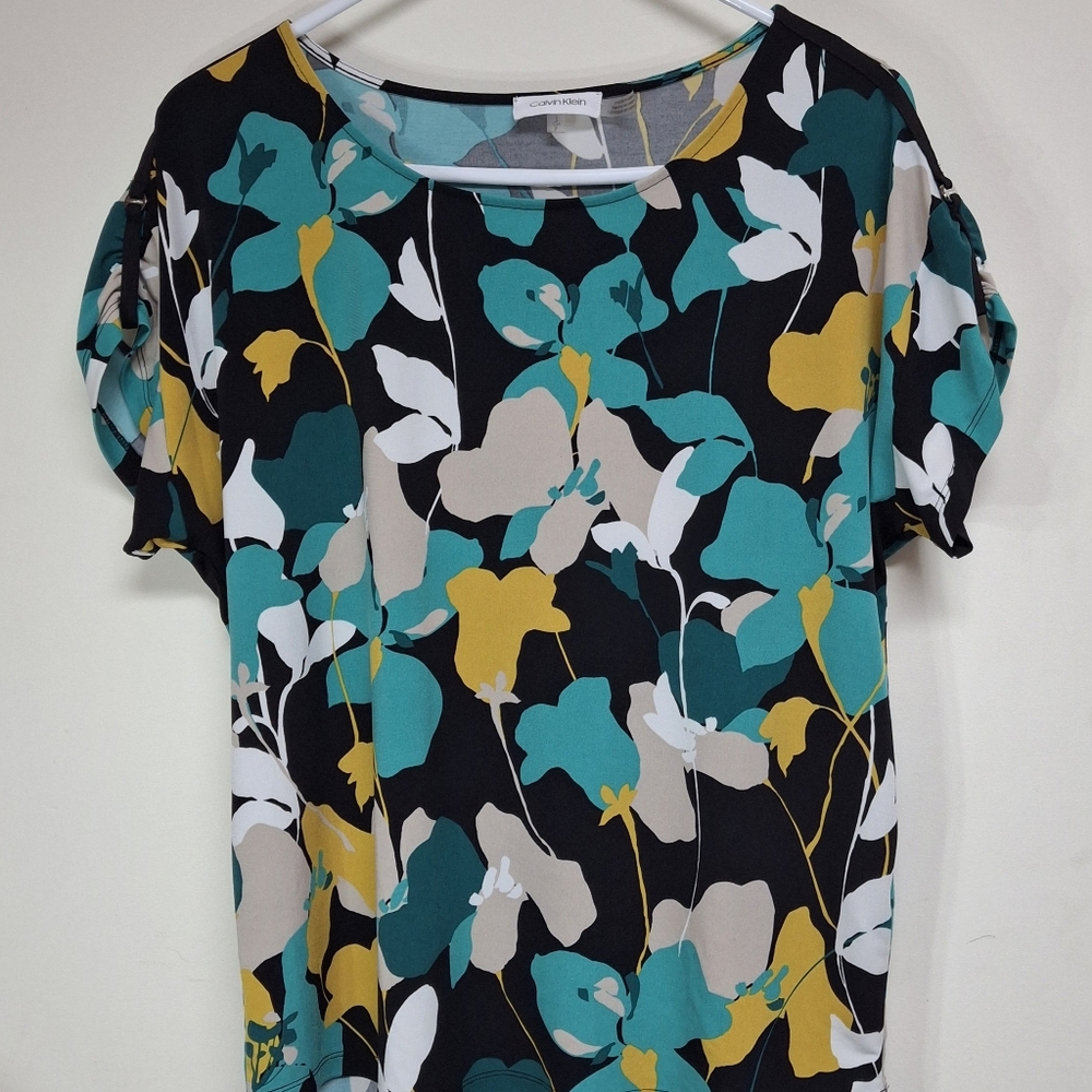 Calvin Klein Floral Print Women's Top - Black, Teal, Yellow Lightweight Office